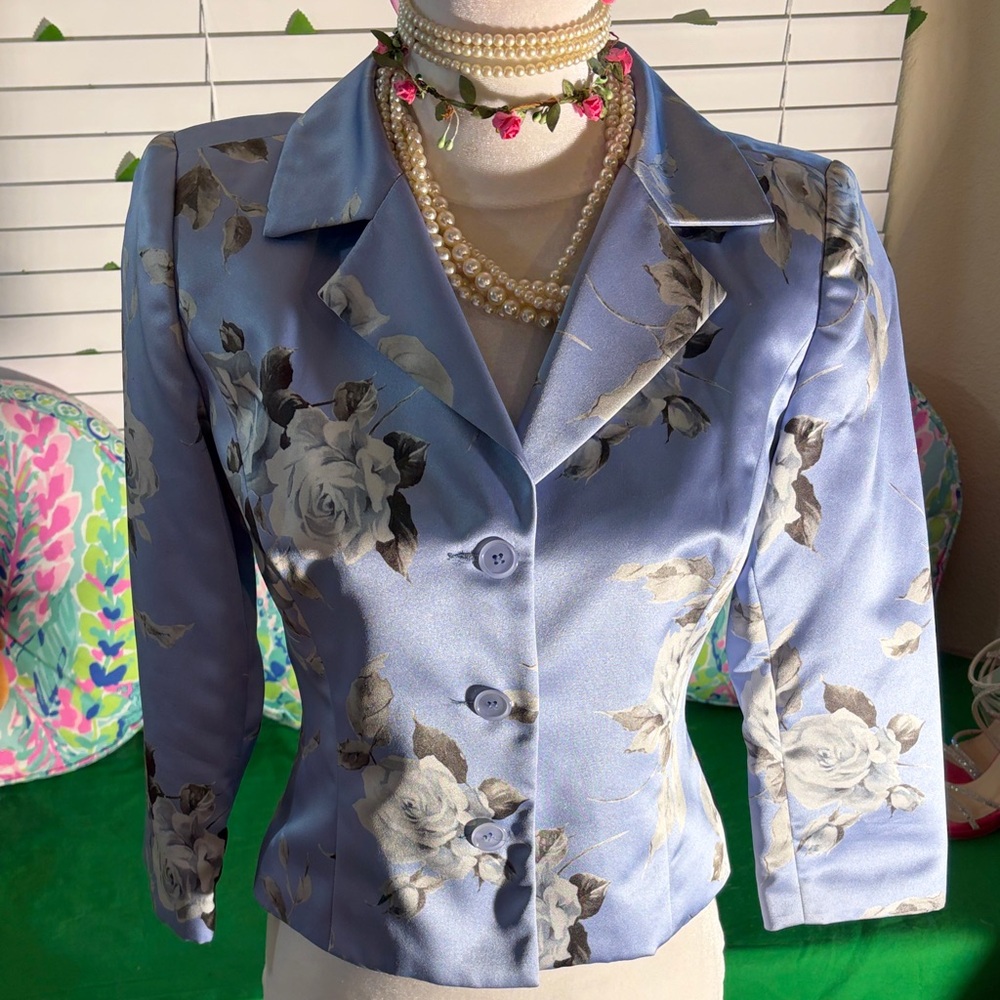 Hugo Buscati Light Blue & Gray/Silver Floral Satin Women's Blazer